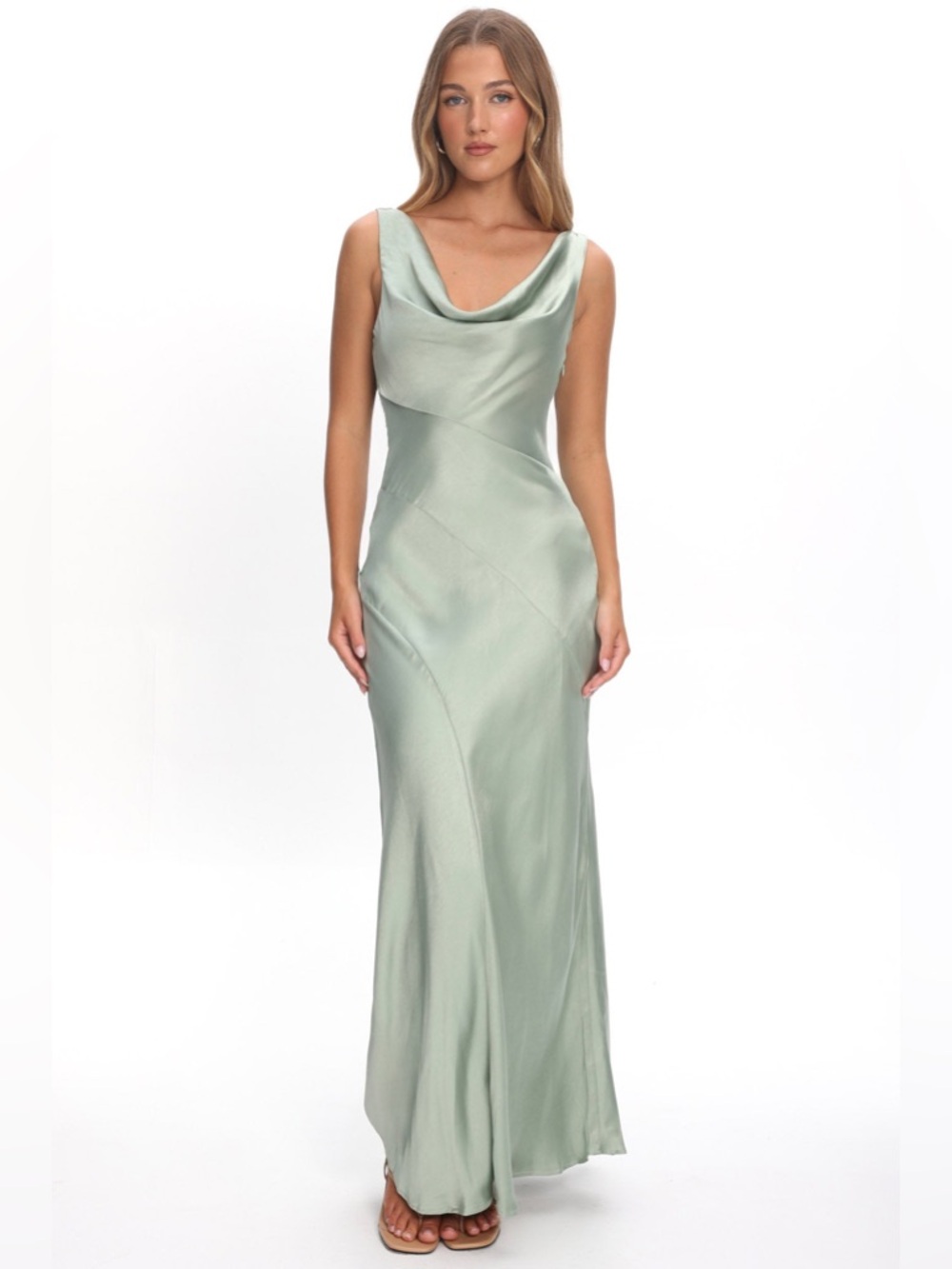 Sage Satin Cowl Neck Open Back Maxi Dress – Size S – NWOT